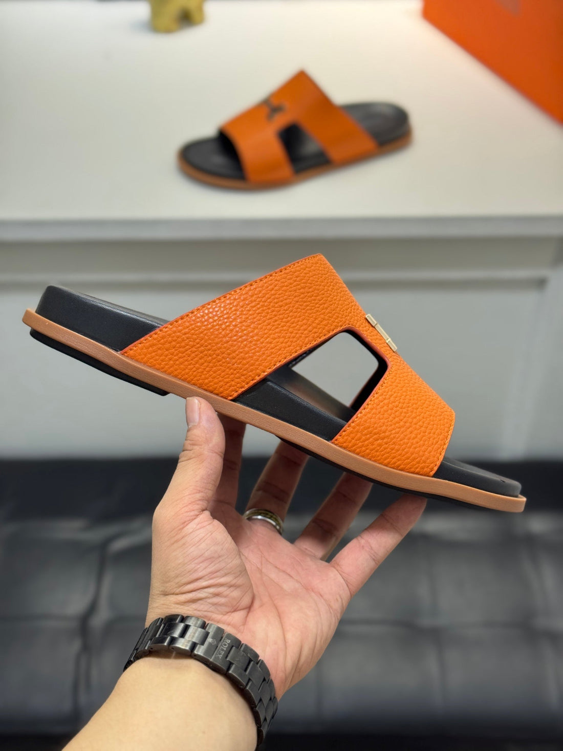 Hm Oran H Black Gold Buckle Slippers In Orange Cowhide 735246