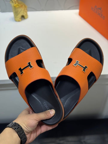 Hm Oran H Black Gold Buckle Slippers In Orange Cowhide 735246