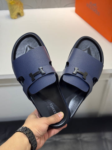 Hm Oran H Black Buckle Slippers In Blue Cowhide 735247