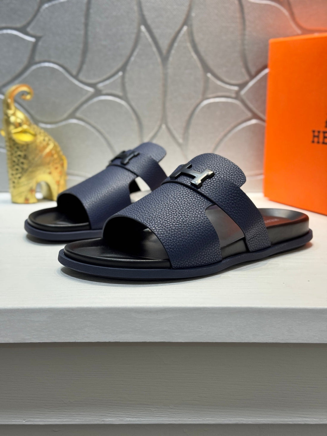 Hm Oran H Black Buckle Slippers In Blue Cowhide 735247