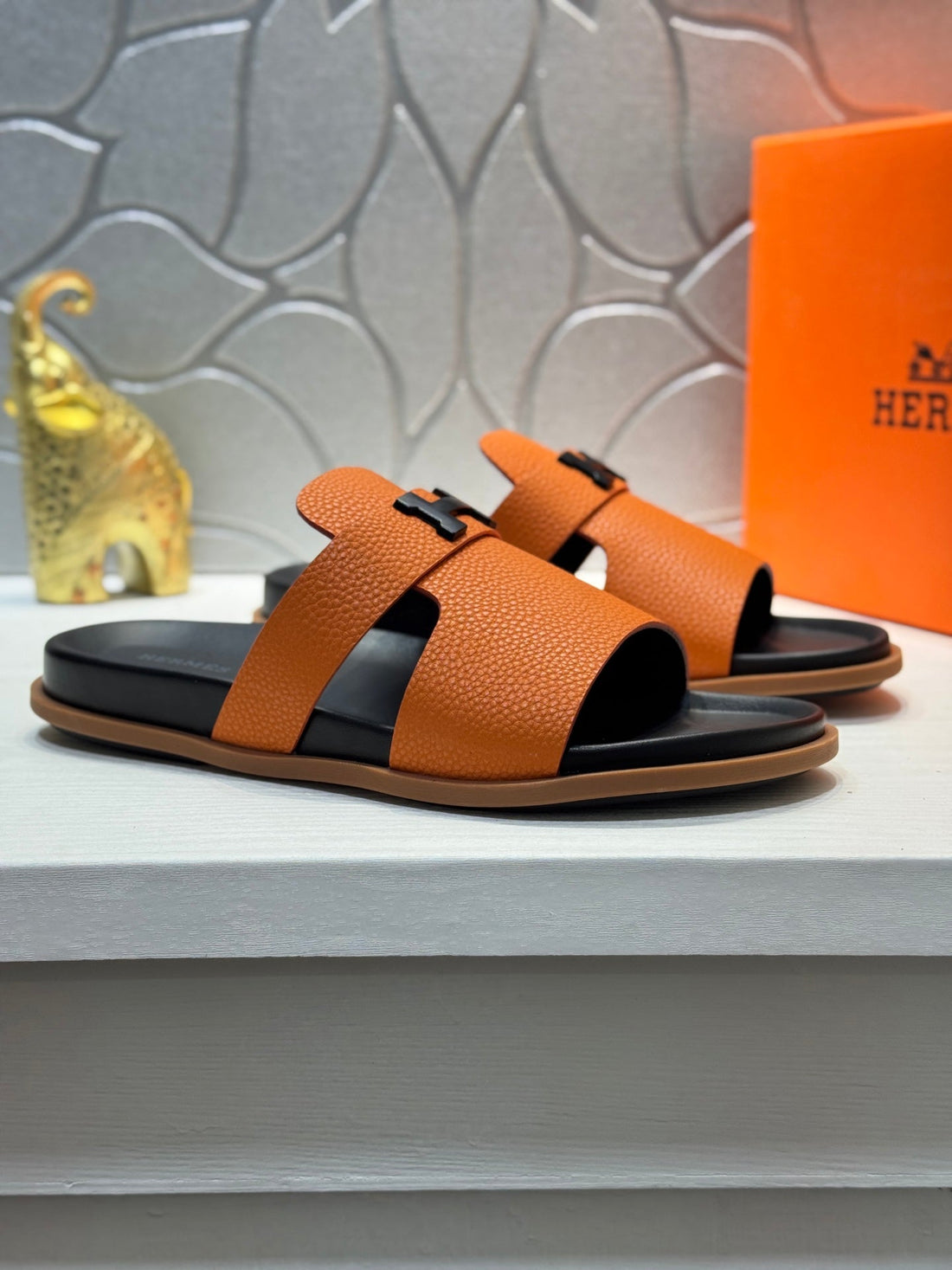 Hm Oran H Black Buckle Slippers In Orange Cowhide 735250