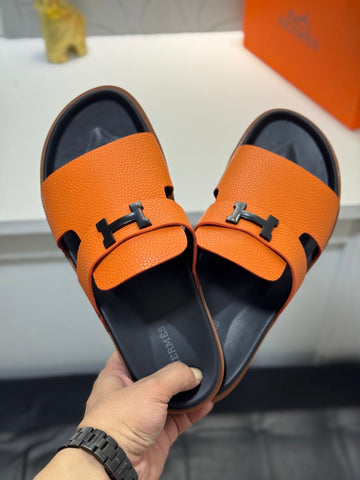 Hm Oran H Black Buckle Slippers In Orange Cowhide 735250