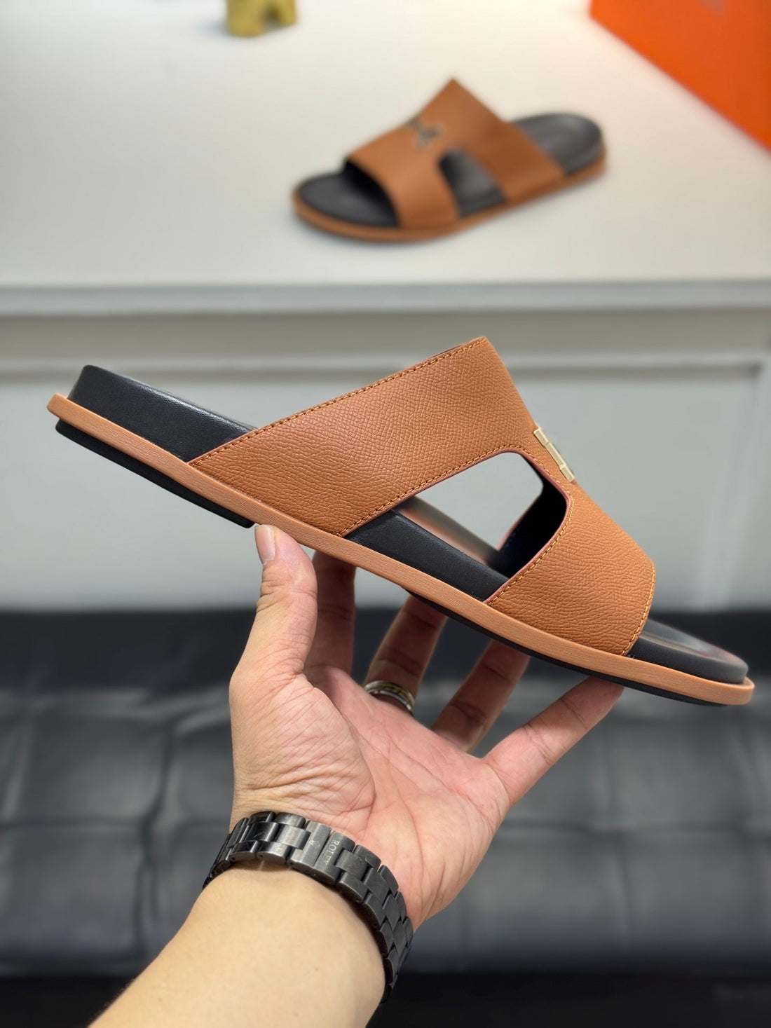 Hm Oran H Black Gold Buckle Slippers In Brown Cowhide 735252