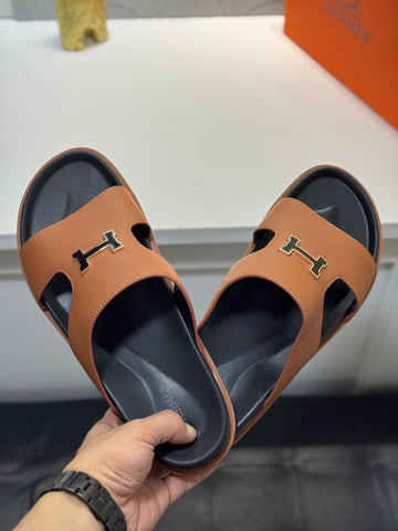 Hm Oran H Black Gold Buckle Slippers In Brown Cowhide 735252