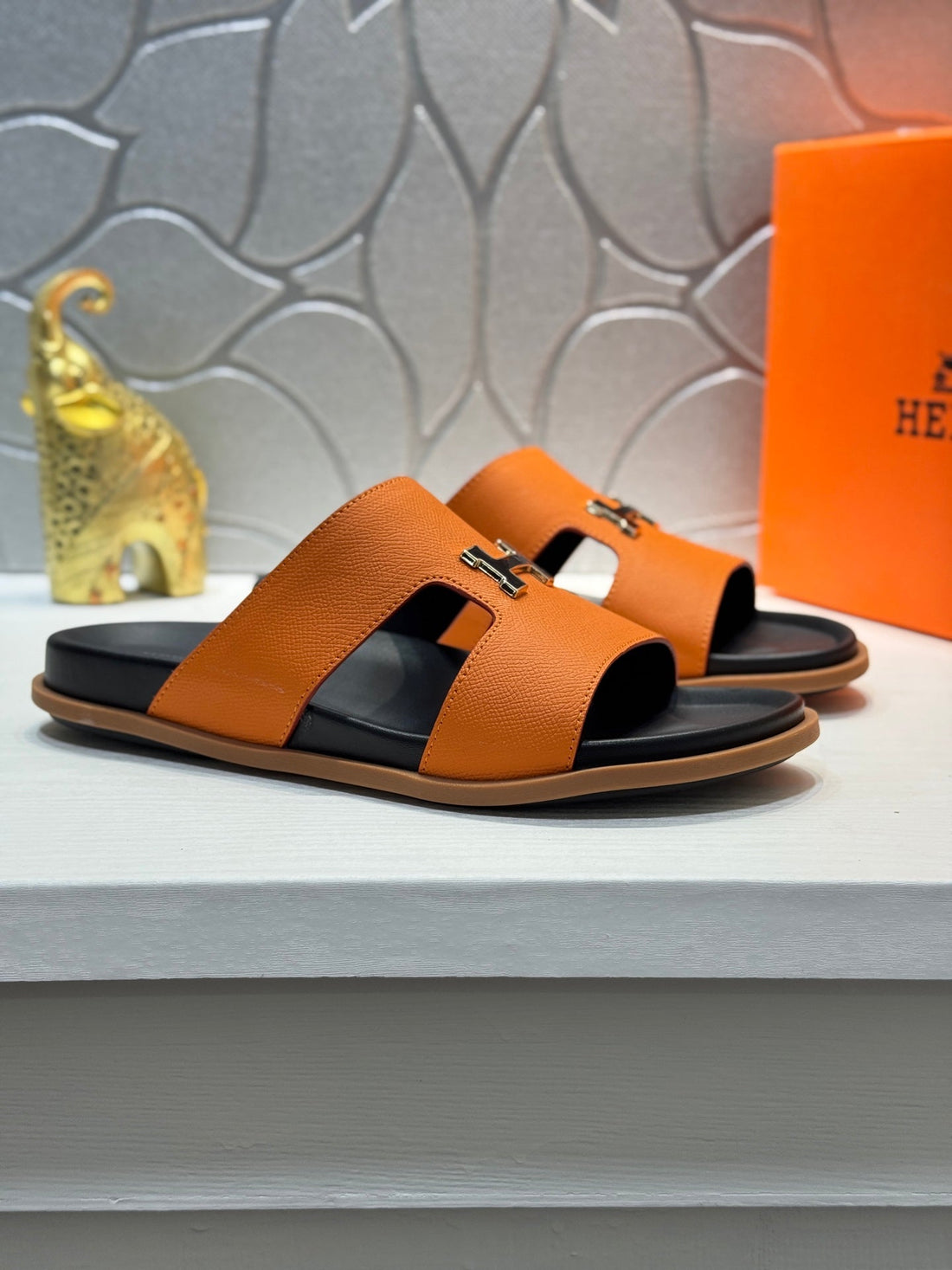 Hm Oran H Black Gold Buckle Slippers In Orange Cowhide 735253