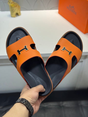 Hm Oran H Black Gold Buckle Slippers In Orange Cowhide 735253