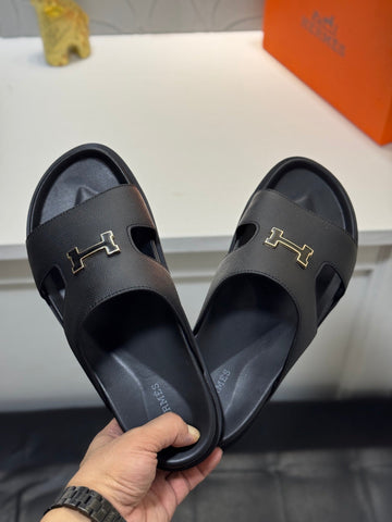 Hm Oran H Black Gold Buckle Slippers In Black Cowhide 735254