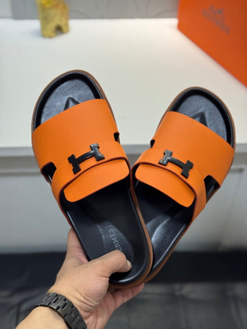 Hm Oran H Noir Buckle Slippers In Orange Cowhide 735259