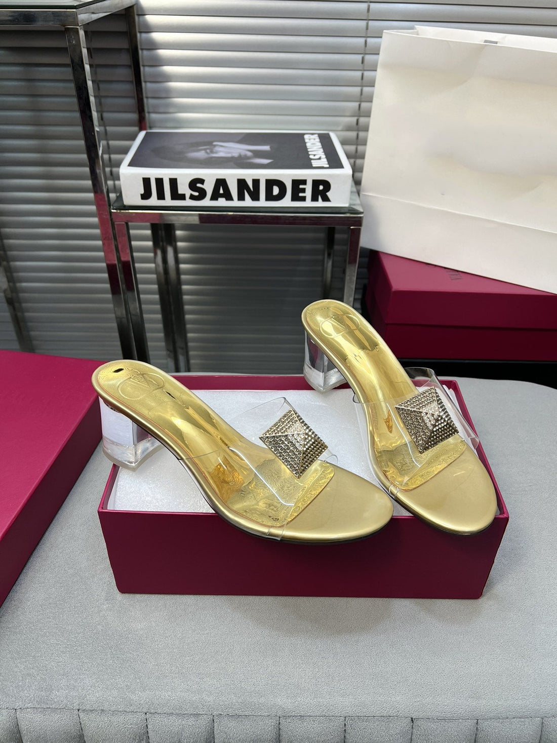 Heeled Sandals 6CM With Crystal Square Buckle Gold