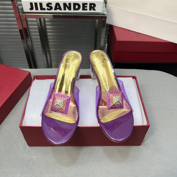 Heeled Sandals 6CM With Crystal Square Buckle Gold And Purple