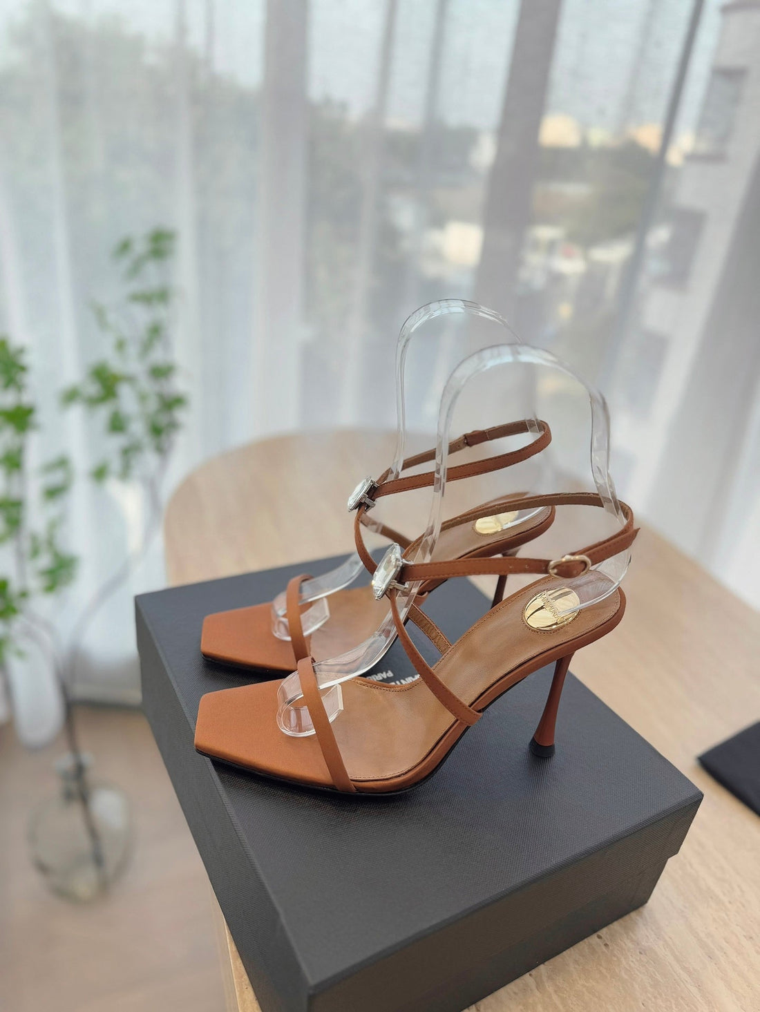 High Heel Sandal 10 Cm In Bronze Brown Satin Crepe And Crystal