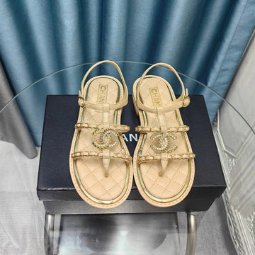 Sandal Leather Strap Beige Quilted Calfskin Gold Chain
