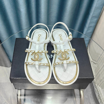 Sandal Leather Strap White Quilted Calfskin Gold Chain