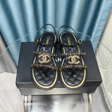 Sandal Leather Strap Black Quilted Calfskin Mop Gold Chain