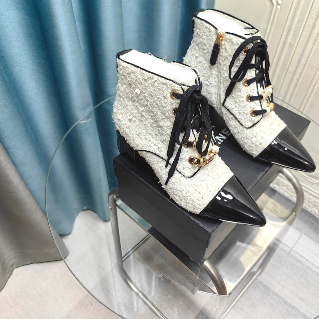 CC Ankle Boots White Tweed Fabric And Lambskin