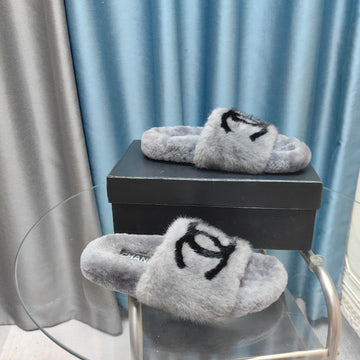 CC Slippers Grey Black Text Fleece Wool