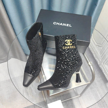 CC Ankle Boots Black Beaded Fabric And Cowhide
