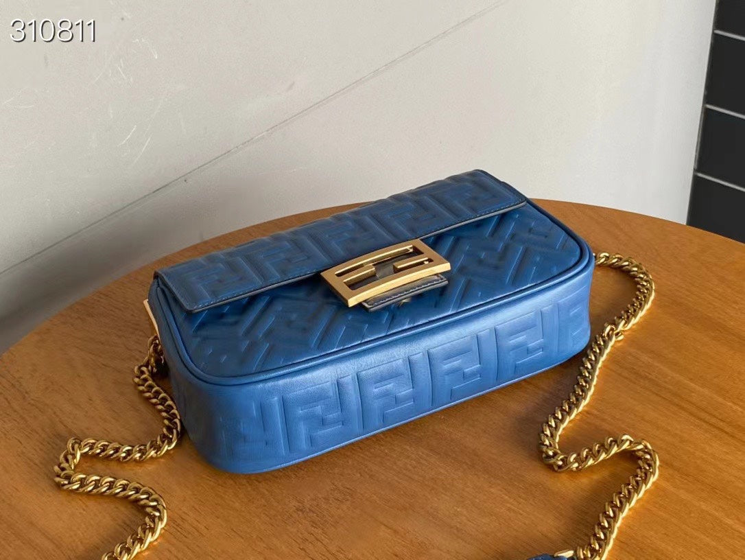 Fend Baguette 24 Bag With Ff Motif Blue Leather Ghw