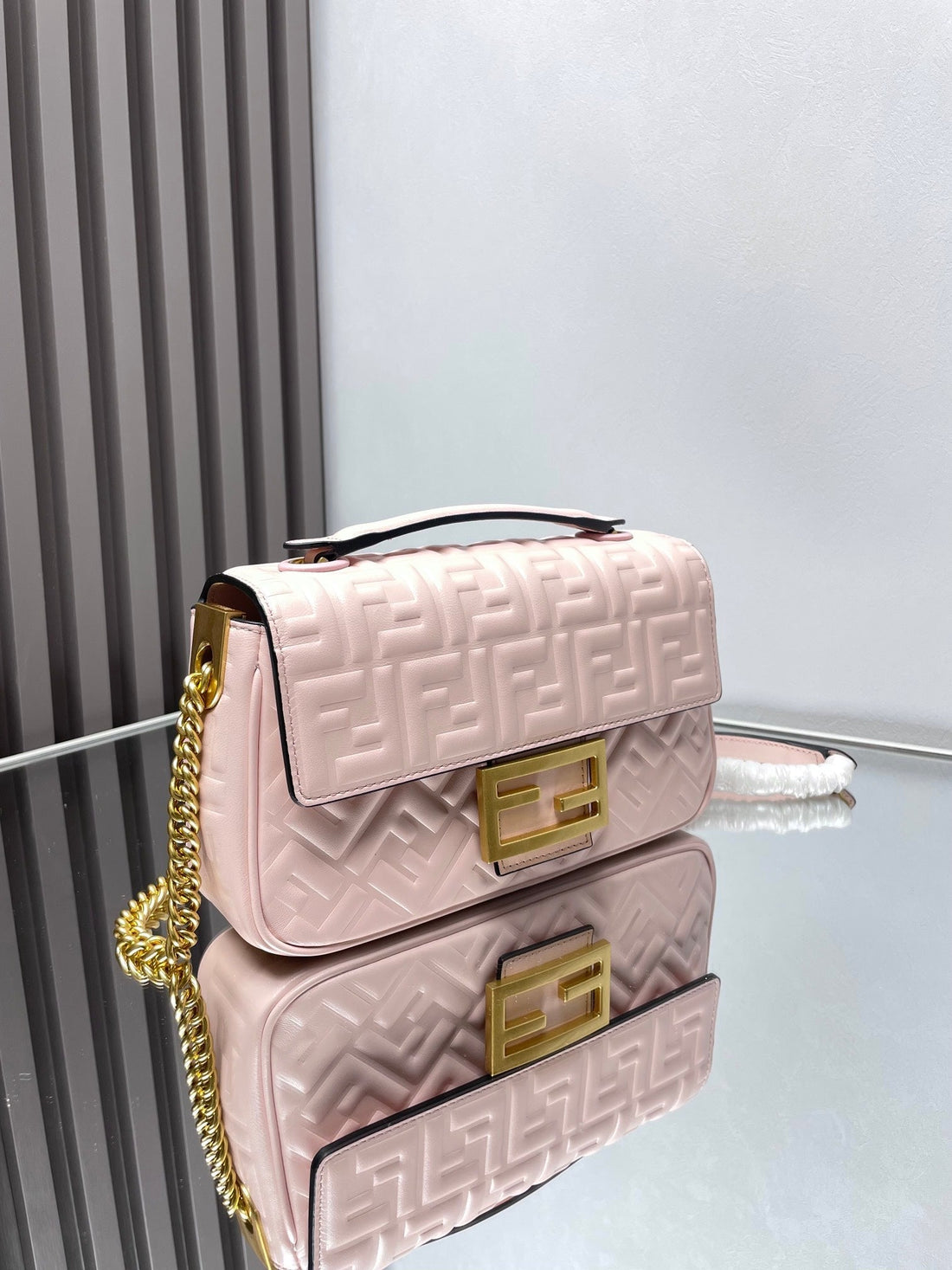 Fend Baguette 24 Bag With Ff Motif Pink Leather Ghw