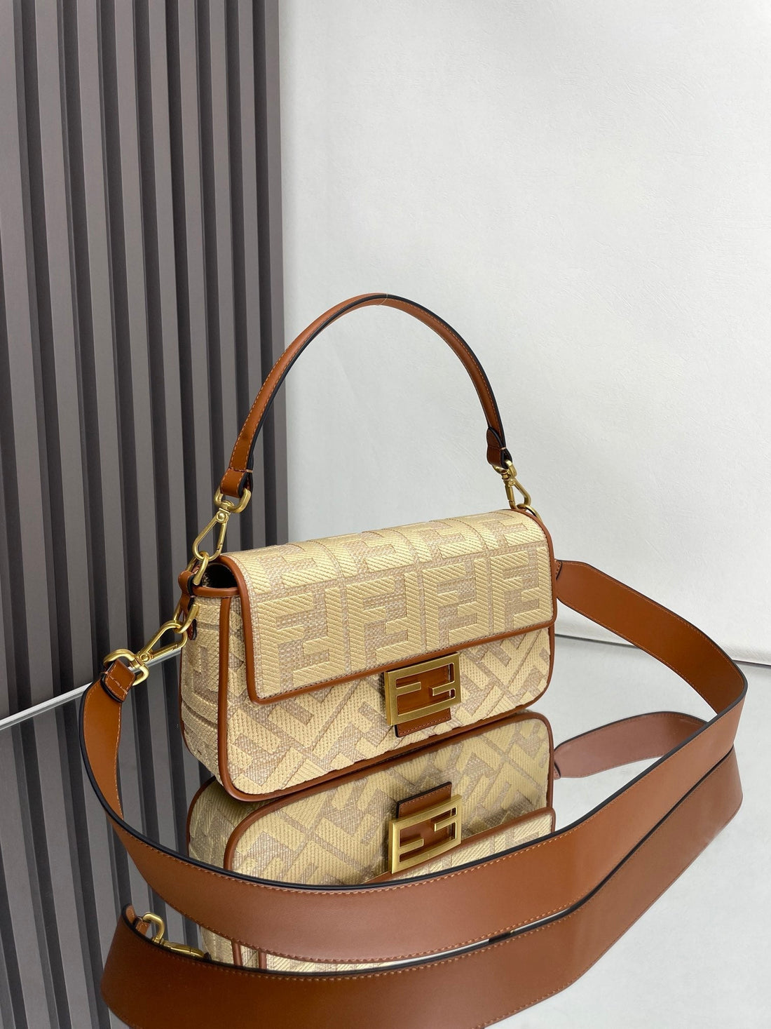 Fend Baguette Gold Tan Canvas Bag 27 With Ff Embroidery Ghw