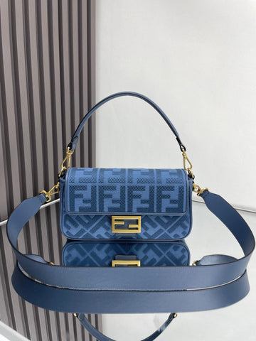 Fend Baguette Blue Canvas Bag 27 With Ff Embroidery Ghw