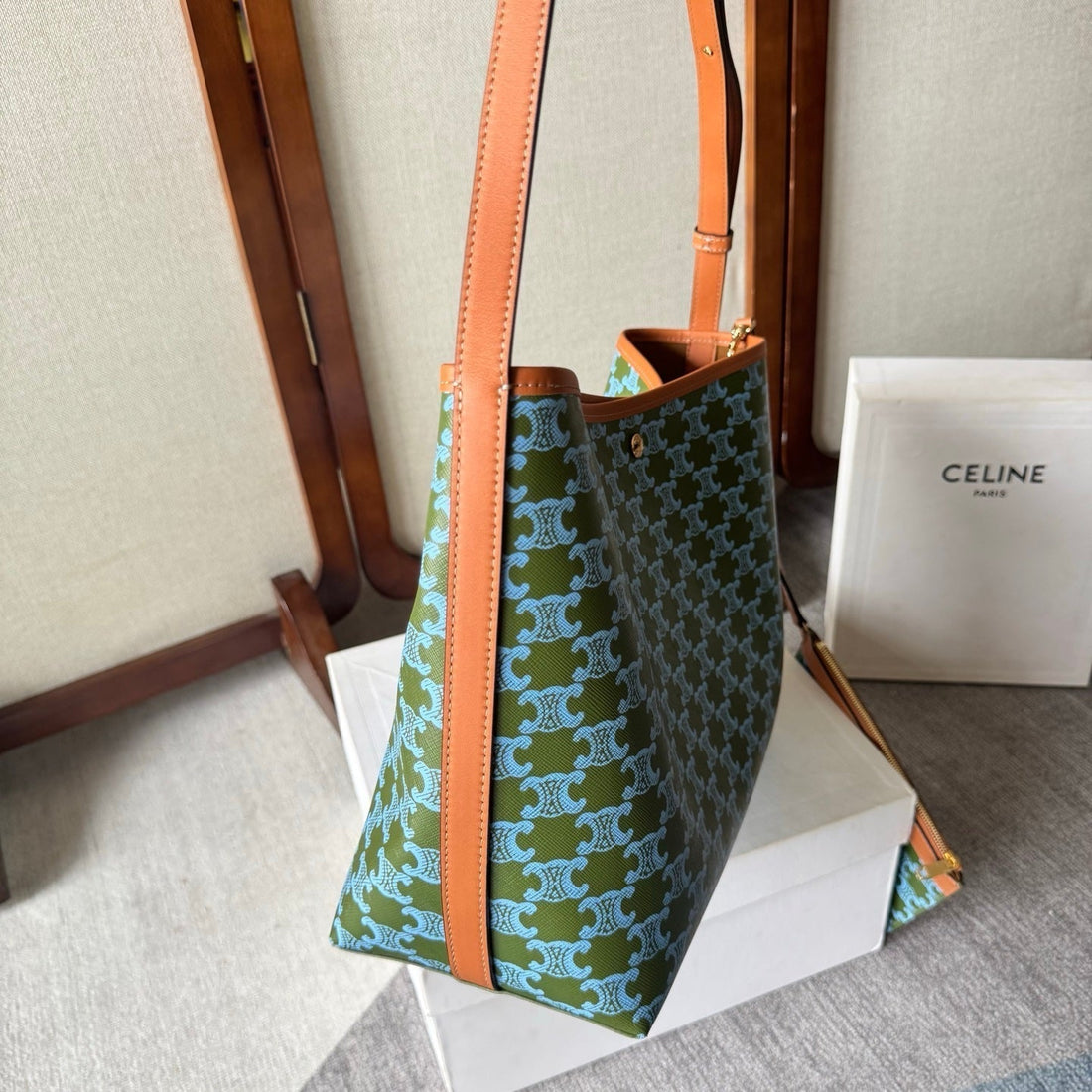 Cl Soft Shopper Bag In Triomphe Brown Green Blue Canvas And Calfskin
