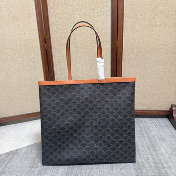 Cl Large Flat Shopper Black Brown Triomphe Canvas Calfskin