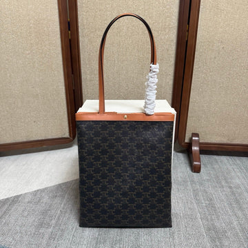 Cl Medium Flat Shopper Black Brown Triomphe Canvas Calfskin