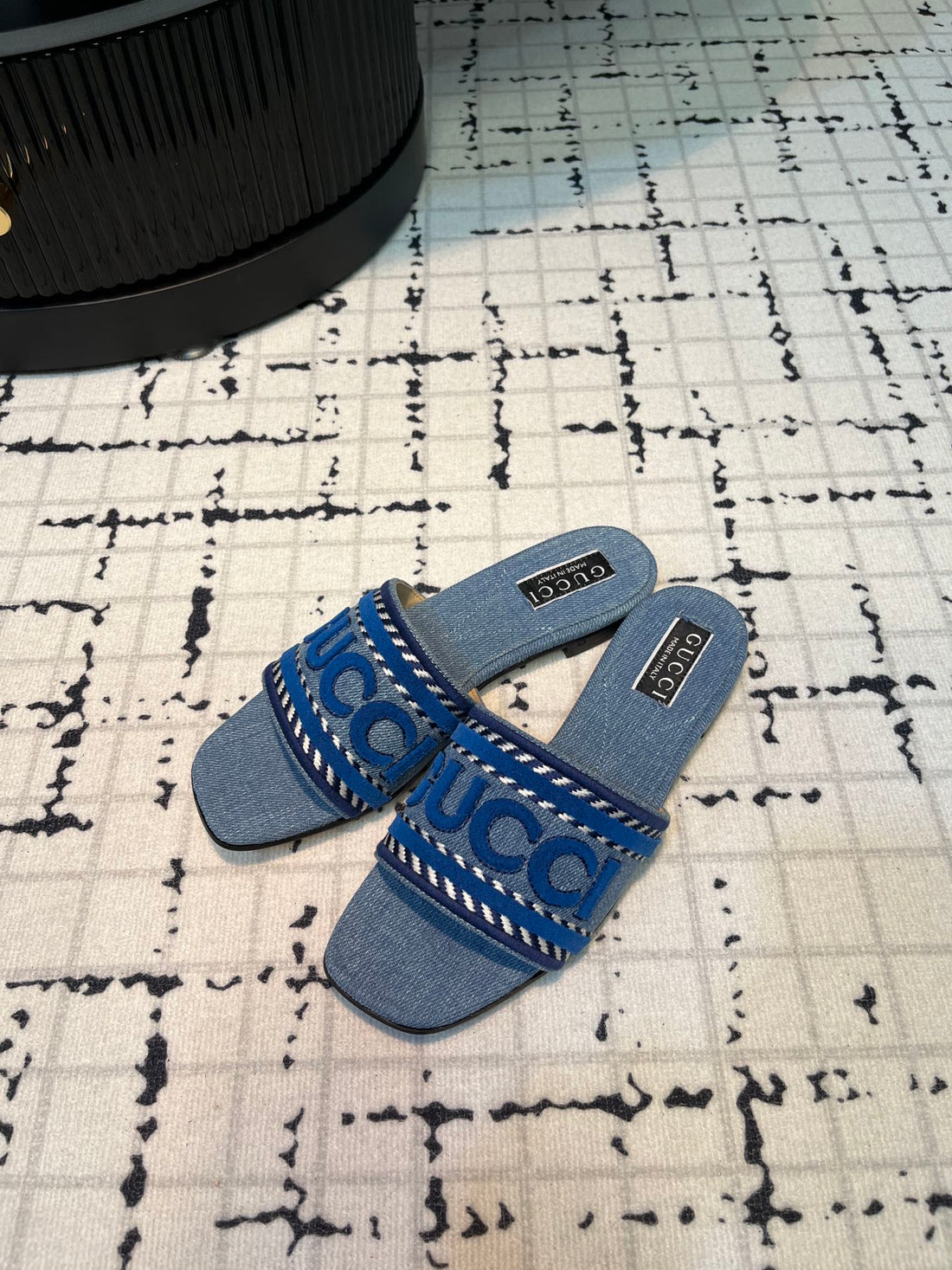 GG Slide Sandal With Gucci Script Stone Denim