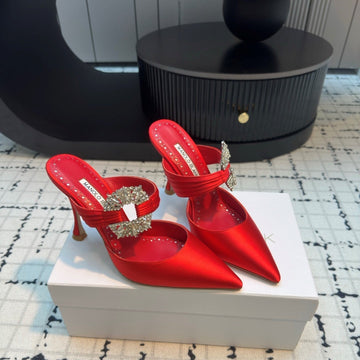 Manolo Satin Maidugura Mules 90MM Red Satin