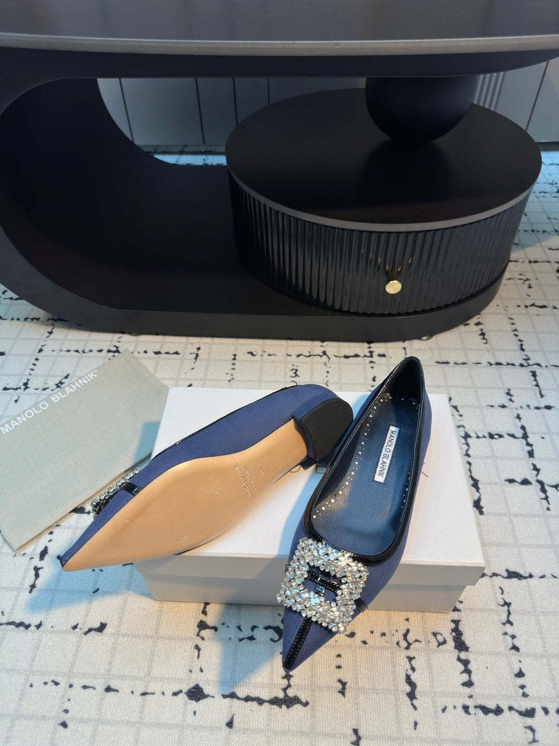 Hangisi 10MM Ballet Flat Dark Blue Linen With Black Leather Jewel Buckle 161059