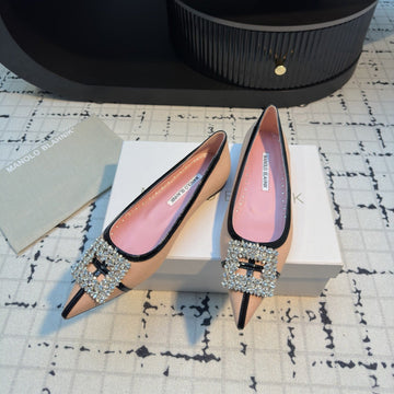 Hangisi 10MM Ballet Flat Pink Linen With Black Leather Jewel Buckle 161060