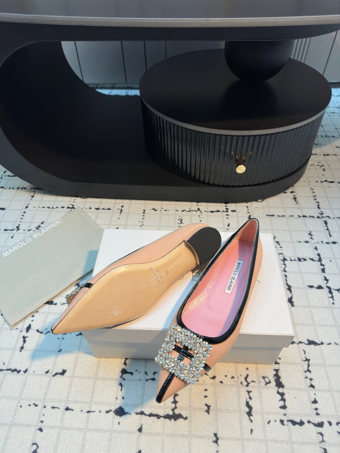 Hangisi 10MM Ballet Flat Pink Linen With Black Leather Jewel Buckle 161060