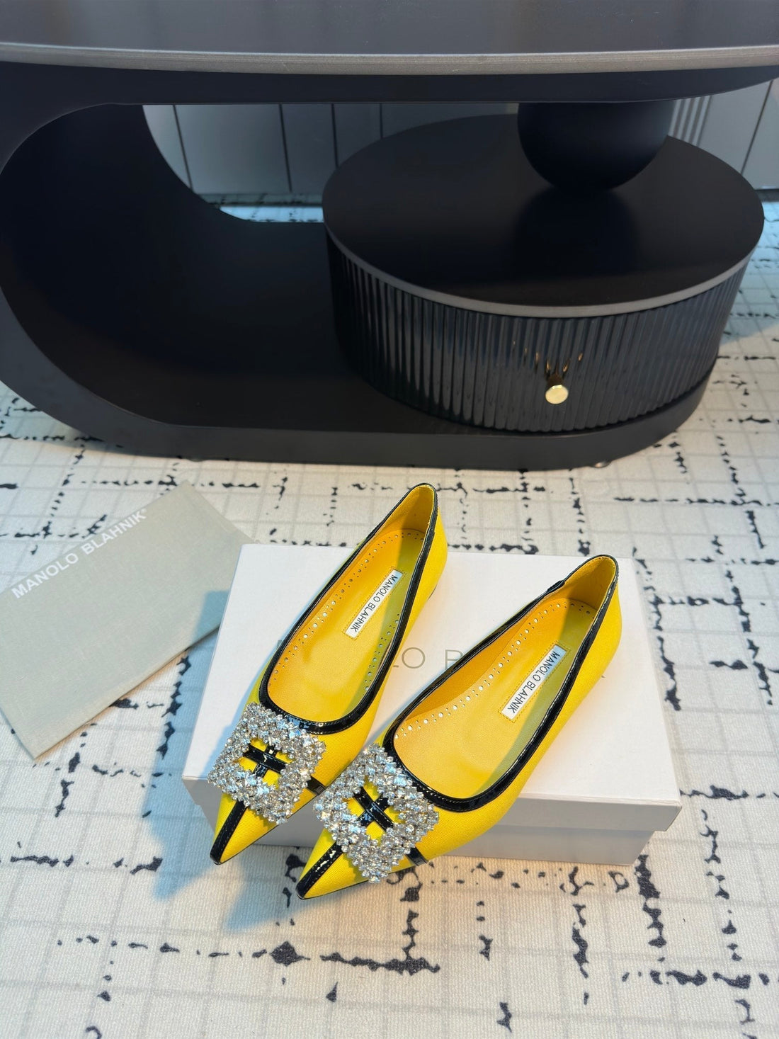 Hangisi 10MM Ballet Flat Yellow Linen With Black Leather Jewel Buckle 161061