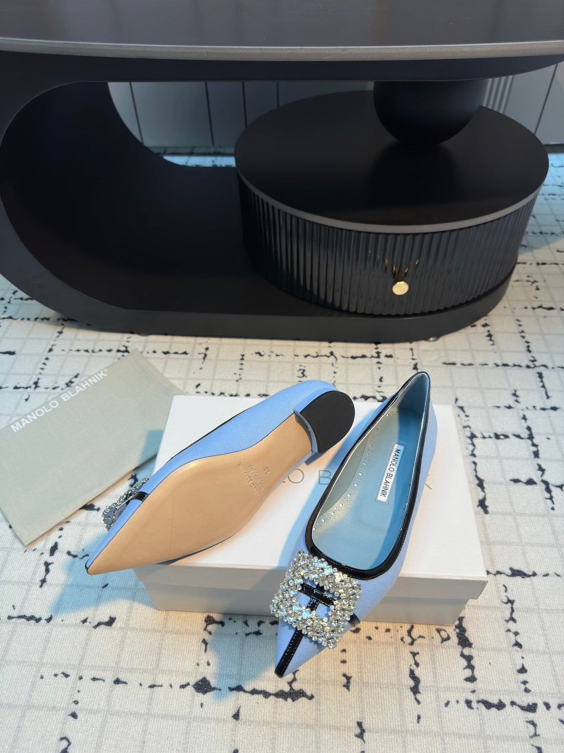 Hangisi 10MM Ballet Flat Ocean Blue Linen With Black Leather Jewel Buckle 161062