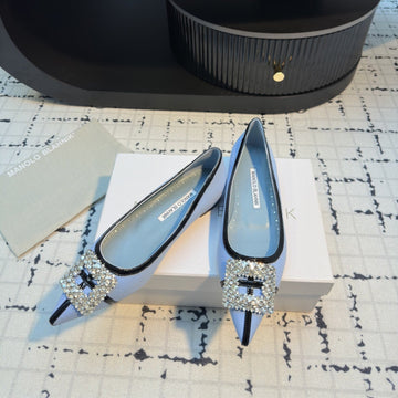 Hangisi 10MM Ballet Flat Ocean Blue Linen With Black Leather Jewel Buckle 161062