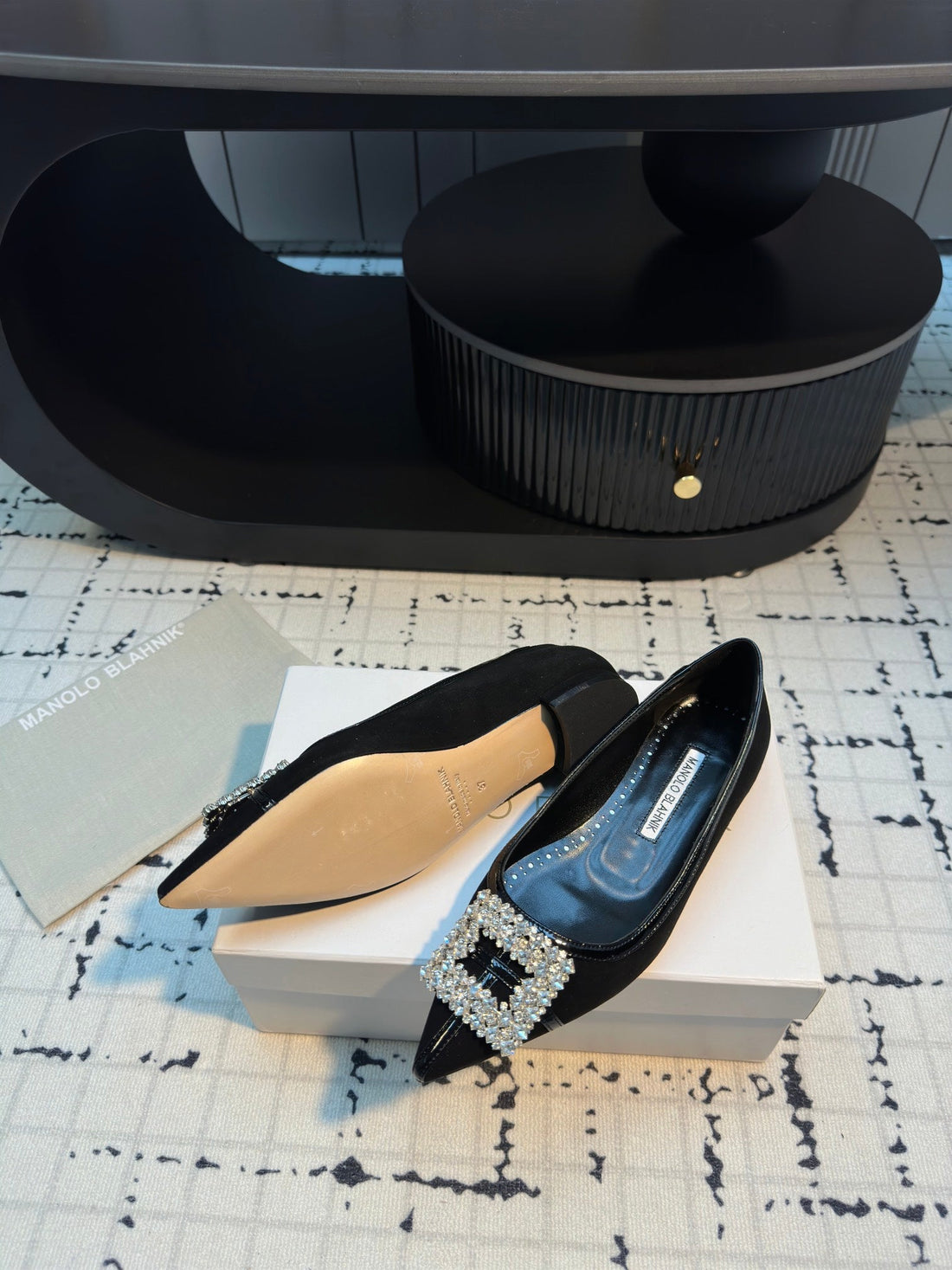 Hangisi 10MM Ballet Flat Black Linen And Leather Jewel Buckle 161063