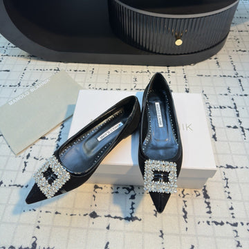 Hangisi 10MM Ballet Flat Black Linen And Leather Jewel Buckle 161063