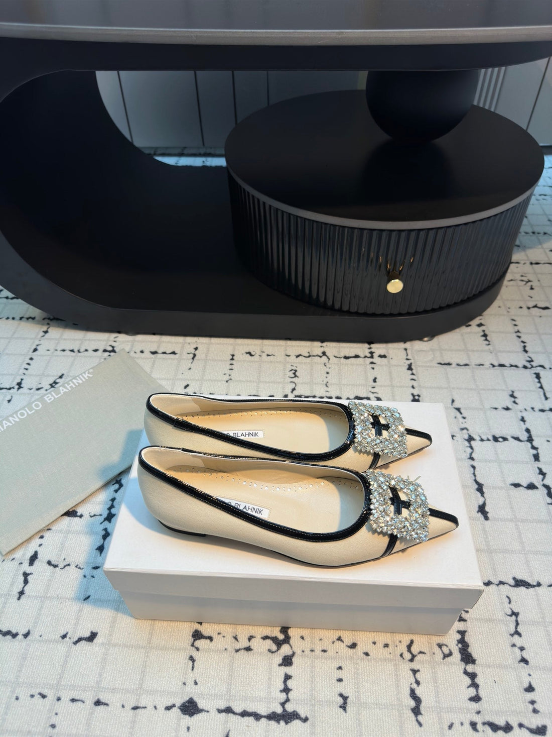 Hangisi 10MM Ballet Flat Beige Linen With Black Leather Jewel Buckle 161064