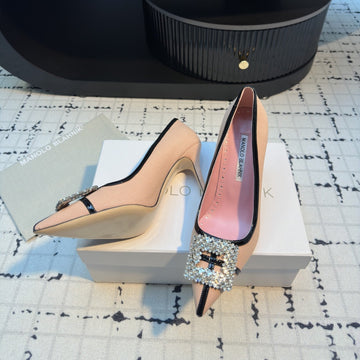 Hangisi 100 Pink Linen With Black Leather Jewel Buckle Pumps 161071