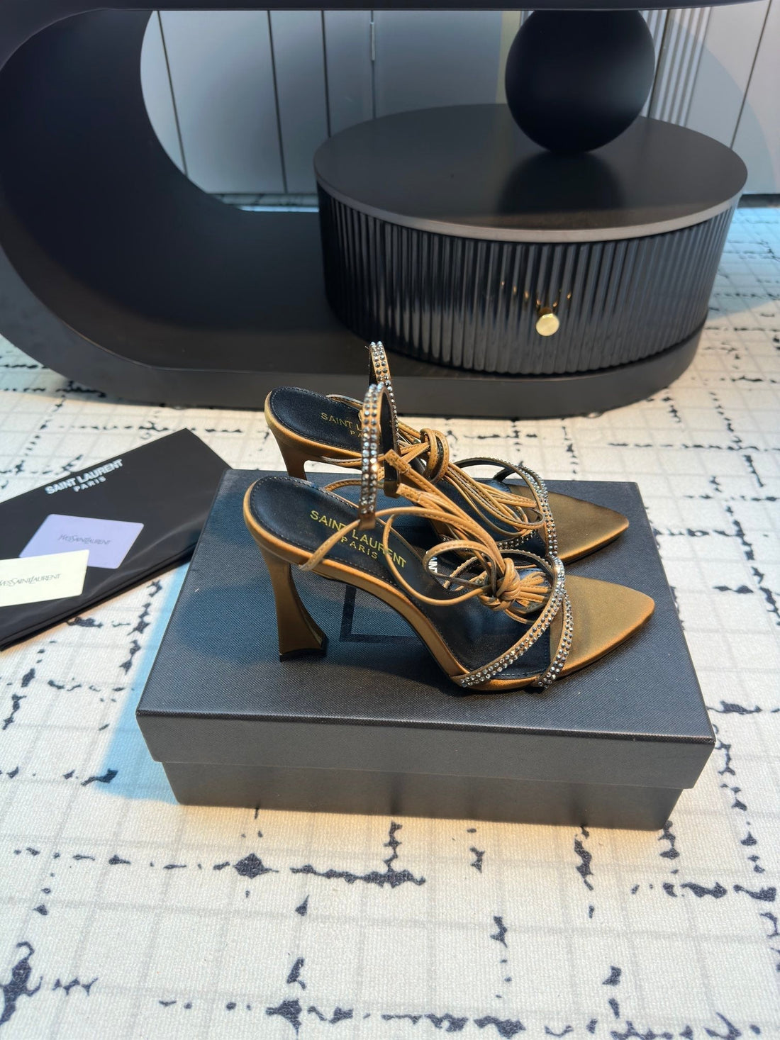 High Heel Sandals With Shiny Rhinestones Strap In Golden Brown Silk