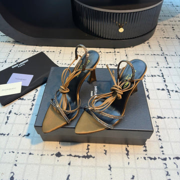 High Heel Sandals With Shiny Rhinestones Strap In Golden Brown Silk