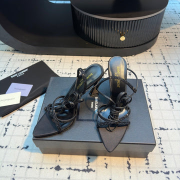 High Heel Sandals With Shiny Rhinestones Strap In Black Silk