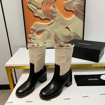 High Boots 5.5 Cm In Black Lambskin And Beige Fabric