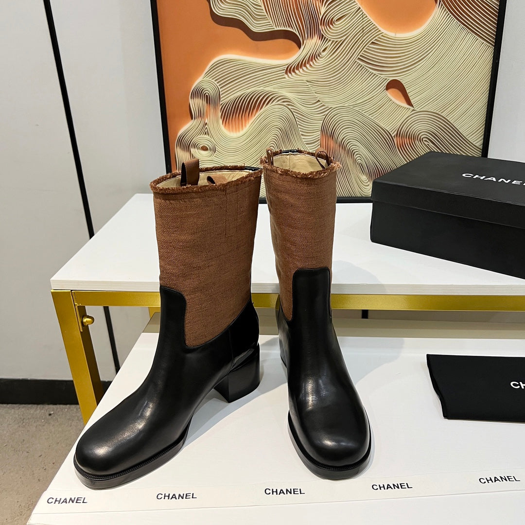 High Boots 5.5 Cm In Black Lambskin And Chocolate Brown Fabric