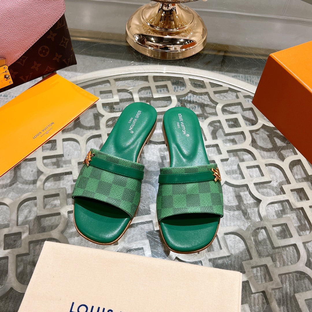 LV Sandal Isola Flat Mule Green Damier Calfskin