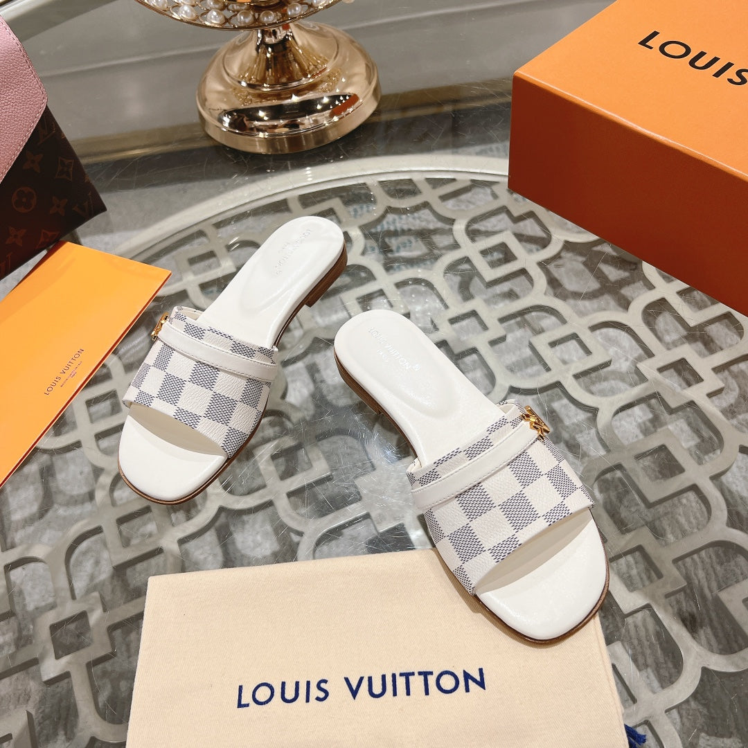 LV Sandal Isola Flat Mule White Grey Damier Calfskin