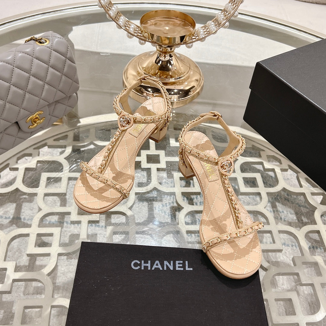 CC 26S Chain T-Strap Charm Sandals 5CM Beige Lambskin 736114