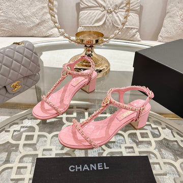CC 26S Chain T-Strap Charm Sandals 5CM Light Pink Lambskin 736116