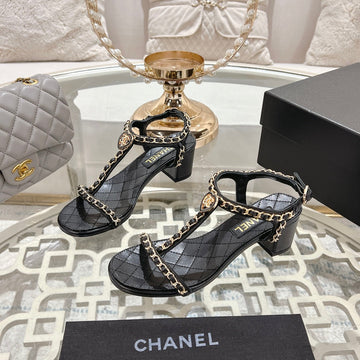 CC 26S Chain T-Strap Charm Sandals 5CM Black Lambskin 736117